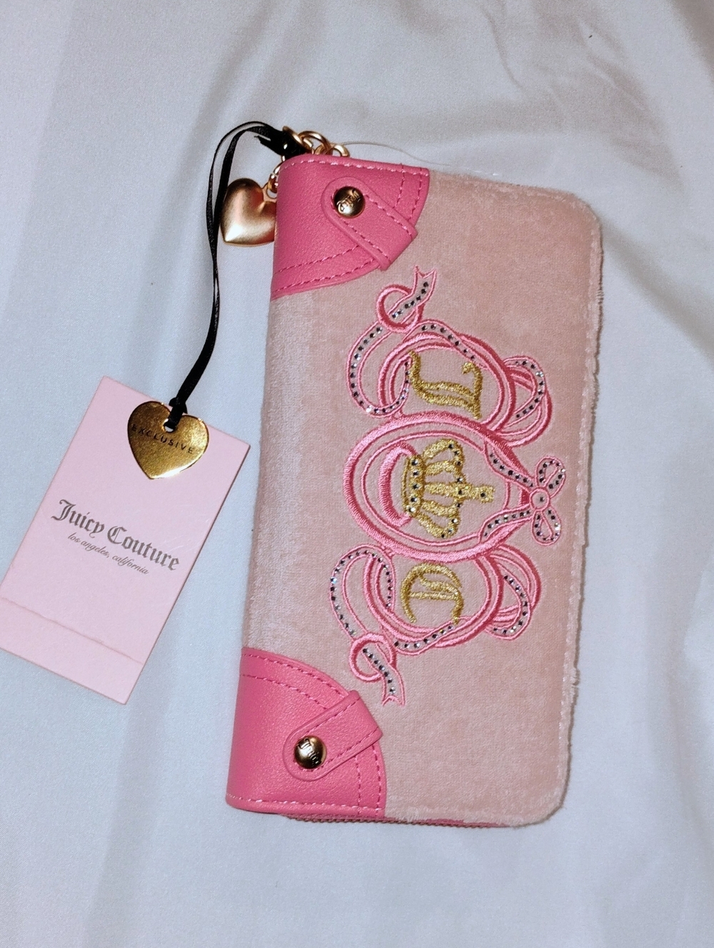 Juicy Couture Pink Velvet Embroidered Zip Wallet/ Clutch with Heart Charm